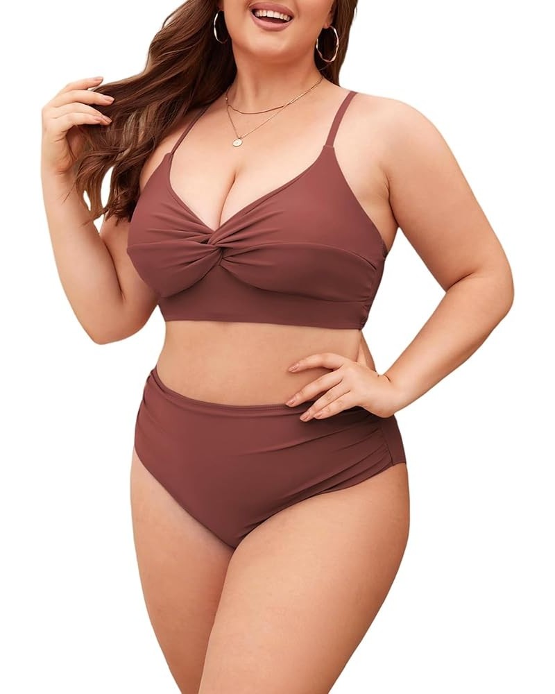 Plus Size Twist High Waisted Bikini Sets for Women Push Up Bikini Swimsuits Tummy Control 2 Piece Bathing Suit Solid:dust Pin...