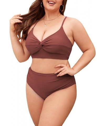 Plus Size Twist High Waisted Bikini Sets for Women Push Up Bikini Swimsuits Tummy Control 2 Piece Bathing Suit Solid:dust Pin...