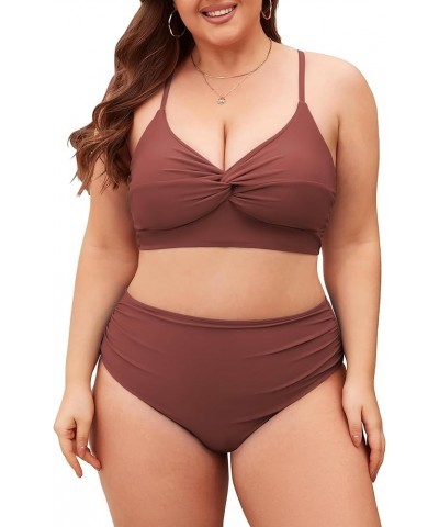 Plus Size Twist High Waisted Bikini Sets for Women Push Up Bikini Swimsuits Tummy Control 2 Piece Bathing Suit Solid:dust Pin...