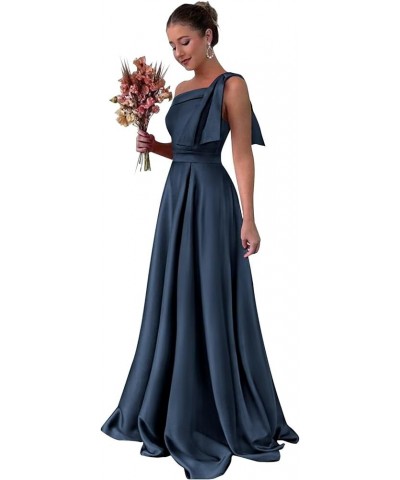 One Shoulder Satin Bridesmaid Dresses for Women Bow Strap Long Prom Evening Dress with Pockets Navy Blue $35.20 Dresses