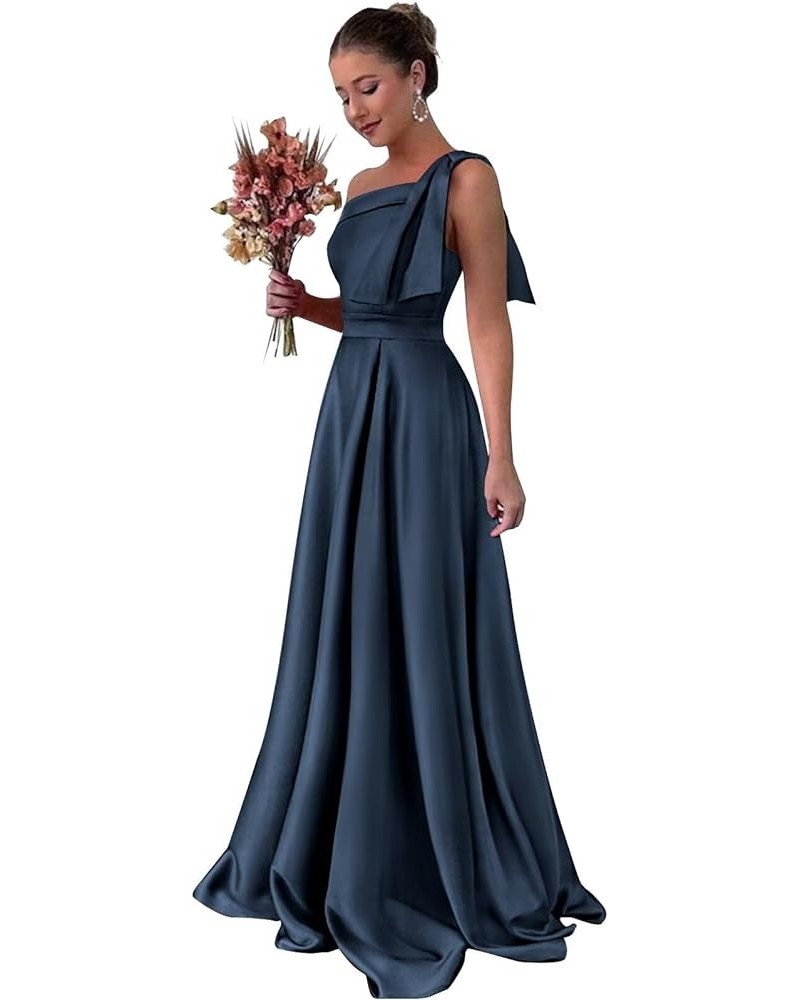 One Shoulder Satin Bridesmaid Dresses for Women Bow Strap Long Prom Evening Dress with Pockets Navy Blue $35.20 Dresses