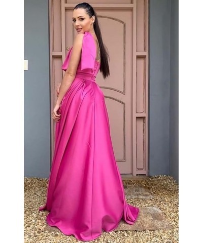 One Shoulder Satin Bridesmaid Dresses for Women Bow Strap Long Prom Evening Dress with Pockets Navy Blue $35.20 Dresses