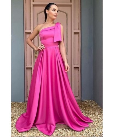 One Shoulder Satin Bridesmaid Dresses for Women Bow Strap Long Prom Evening Dress with Pockets Navy Blue $35.20 Dresses