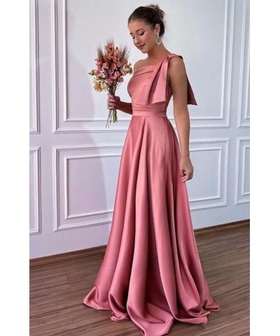 One Shoulder Satin Bridesmaid Dresses for Women Bow Strap Long Prom Evening Dress with Pockets Navy Blue $35.20 Dresses