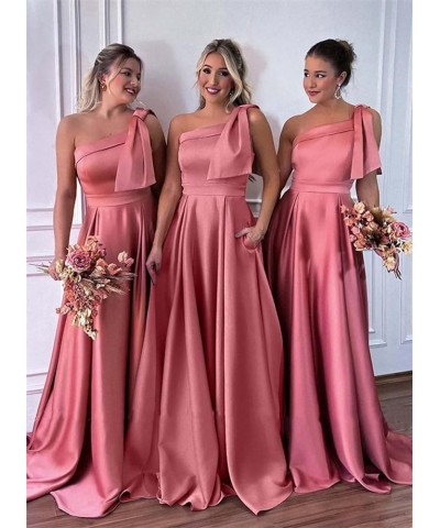 One Shoulder Satin Bridesmaid Dresses for Women Bow Strap Long Prom Evening Dress with Pockets Navy Blue $35.20 Dresses