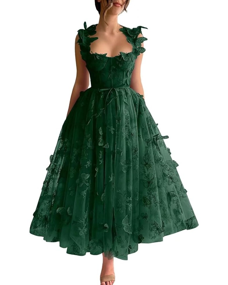 Women's 3D Butterfly Tulle Prom Dresses Lace Applique Formal Party Evening Gowns Tea Length Hunter Green $36.71 Dresses