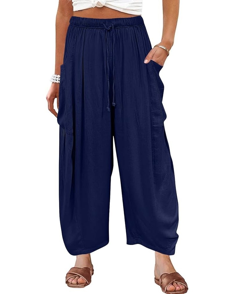 Women's Pants Plus Size Wide Leg Linen Pants Middle Waist Summer Baggy Pants, S-5XL Navy $8.49 Pants