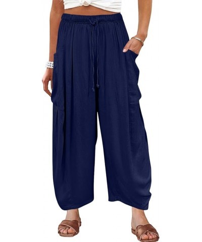 Women's Pants Plus Size Wide Leg Linen Pants Middle Waist Summer Baggy Pants, S-5XL Navy $8.49 Pants