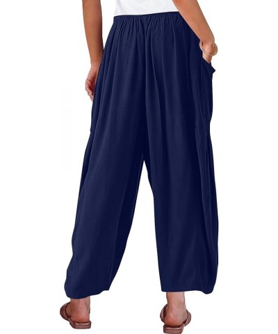 Women's Pants Plus Size Wide Leg Linen Pants Middle Waist Summer Baggy Pants, S-5XL Navy $8.49 Pants