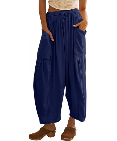 Women's Pants Plus Size Wide Leg Linen Pants Middle Waist Summer Baggy Pants, S-5XL Navy $8.49 Pants