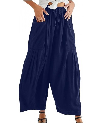 Women's Pants Plus Size Wide Leg Linen Pants Middle Waist Summer Baggy Pants, S-5XL Navy $8.49 Pants