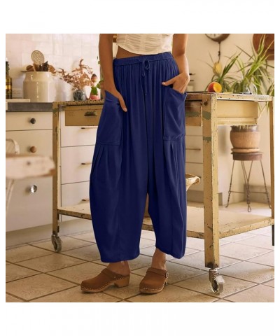 Women's Pants Plus Size Wide Leg Linen Pants Middle Waist Summer Baggy Pants, S-5XL Navy $8.49 Pants