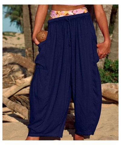 Women's Pants Plus Size Wide Leg Linen Pants Middle Waist Summer Baggy Pants, S-5XL Navy $8.49 Pants