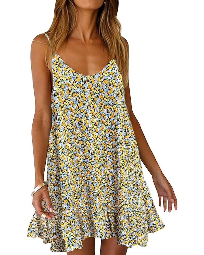 Womens Boho Floral Printed Dress Summer Sleeveless Adjustable Strap Beach Mini Dress with Pockets 001 Floral Black Yellow $12...