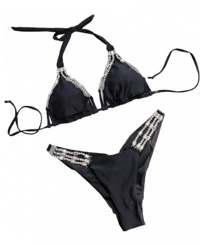 Women Sexy Two Piece Swimsuit Rhinestone Sequin Push Up Bathing Suit Halter Top Bikini Strappy-black $7.99 Swimsuits