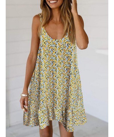 Womens Boho Floral Printed Dress Summer Sleeveless Adjustable Strap Beach Mini Dress with Pockets 001 Floral Black Yellow $12...