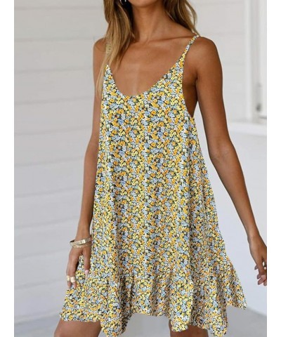 Womens Boho Floral Printed Dress Summer Sleeveless Adjustable Strap Beach Mini Dress with Pockets 001 Floral Black Yellow $12...