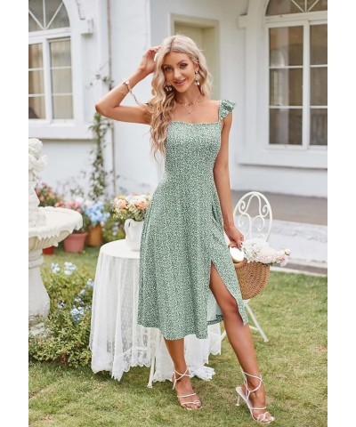 Womens Spring Cute Cap Sleeve Square Neck Floral Sun Dresses Summer Casual Midi Wedding Guest Dress for Women 2024 Sage Green...