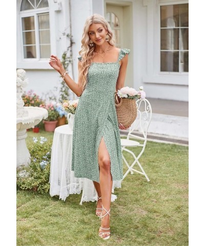 Womens Spring Cute Cap Sleeve Square Neck Floral Sun Dresses Summer Casual Midi Wedding Guest Dress for Women 2024 Sage Green...