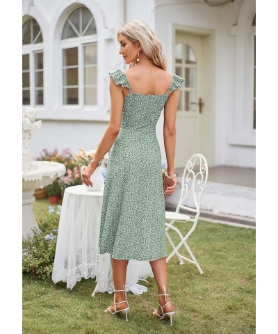 Womens Spring Cute Cap Sleeve Square Neck Floral Sun Dresses Summer Casual Midi Wedding Guest Dress for Women 2024 Sage Green...