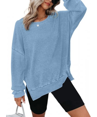 Womens Oversized Waffle Knit Crewneck Sweatshirts Long Sleeve Side Slits Casual Pullover Sweatshirt Tops Sky Blue 304 $25.19 ...