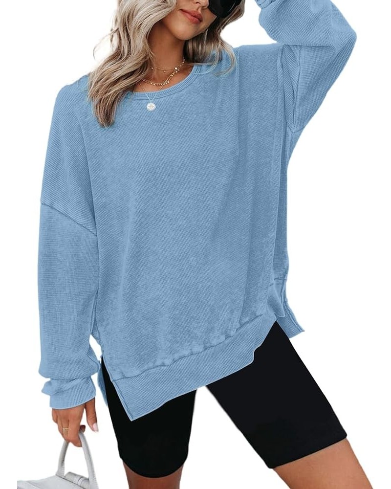 Womens Oversized Waffle Knit Crewneck Sweatshirts Long Sleeve Side Slits Casual Pullover Sweatshirt Tops Sky Blue 304 $25.19 ...