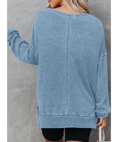 Womens Oversized Waffle Knit Crewneck Sweatshirts Long Sleeve Side Slits Casual Pullover Sweatshirt Tops Sky Blue 304 $25.19 ...