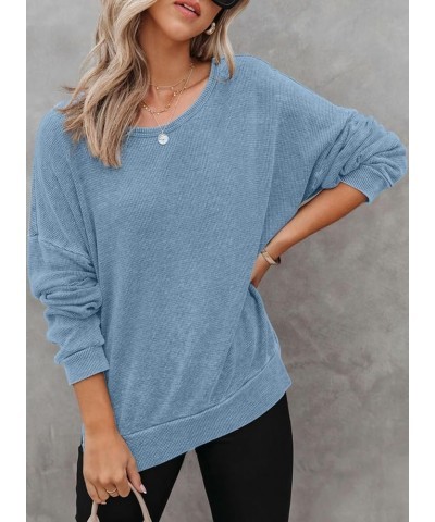 Womens Oversized Waffle Knit Crewneck Sweatshirts Long Sleeve Side Slits Casual Pullover Sweatshirt Tops Sky Blue 304 $25.19 ...