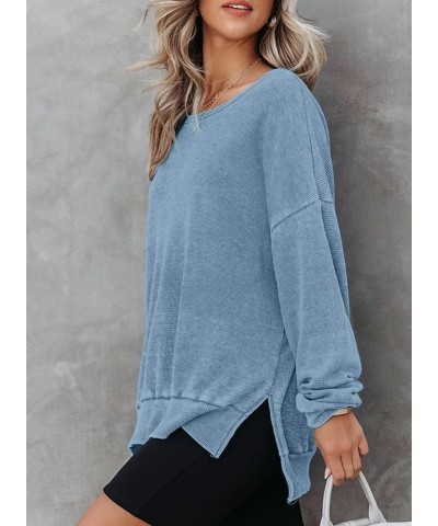 Womens Oversized Waffle Knit Crewneck Sweatshirts Long Sleeve Side Slits Casual Pullover Sweatshirt Tops Sky Blue 304 $25.19 ...