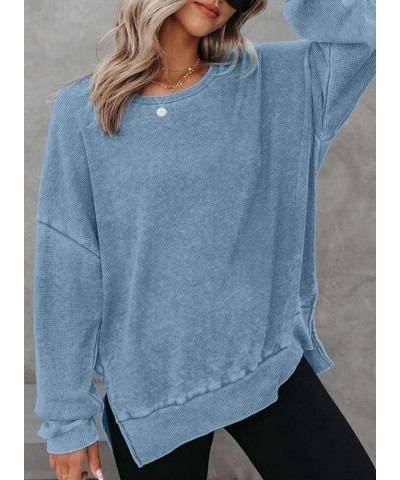 Womens Oversized Waffle Knit Crewneck Sweatshirts Long Sleeve Side Slits Casual Pullover Sweatshirt Tops Sky Blue 304 $25.19 ...