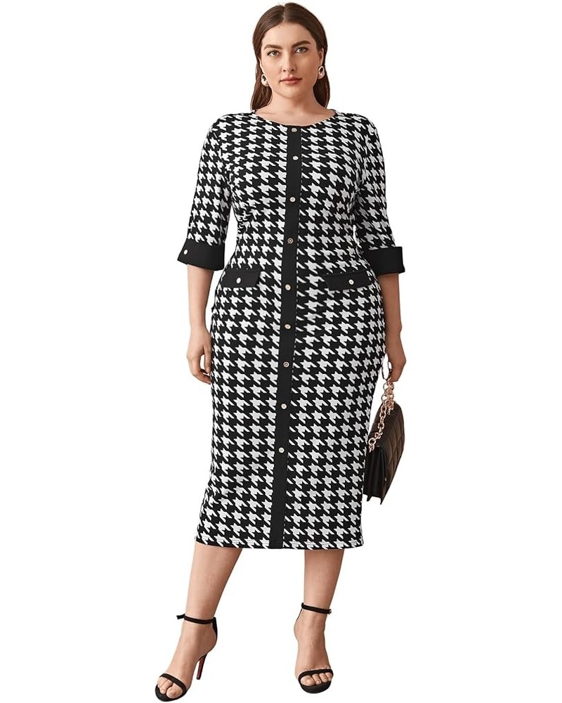 Women's Plus Size Houndstooth Button Front Round Neck Split Hem Bodycon Dress Black and White $17.41 Dresses