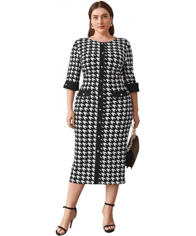 Women's Plus Size Houndstooth Button Front Round Neck Split Hem Bodycon Dress Black and White $17.41 Dresses