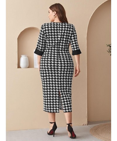 Women's Plus Size Houndstooth Button Front Round Neck Split Hem Bodycon Dress Black and White $17.41 Dresses