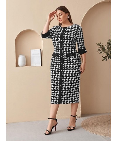 Women's Plus Size Houndstooth Button Front Round Neck Split Hem Bodycon Dress Black and White $17.41 Dresses