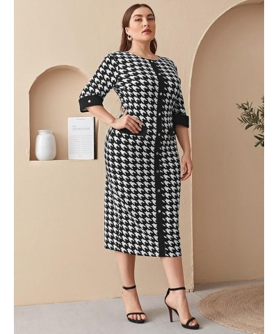 Women's Plus Size Houndstooth Button Front Round Neck Split Hem Bodycon Dress Black and White $17.41 Dresses