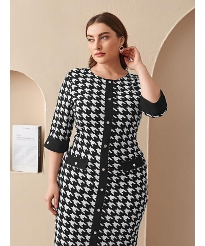 Women's Plus Size Houndstooth Button Front Round Neck Split Hem Bodycon Dress Black and White $17.41 Dresses