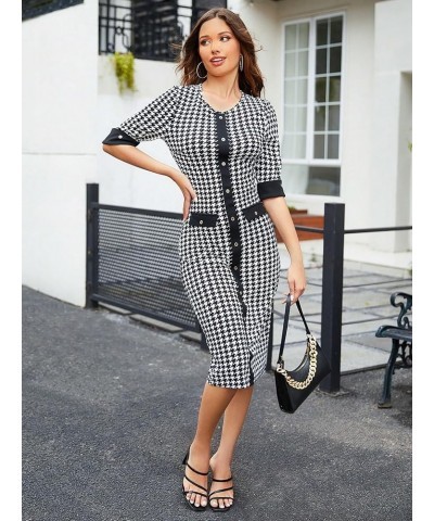 Women's Plus Size Houndstooth Button Front Round Neck Split Hem Bodycon Dress Black and White $17.41 Dresses