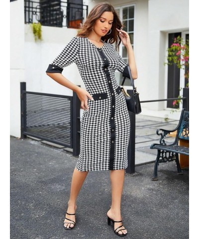 Women's Plus Size Houndstooth Button Front Round Neck Split Hem Bodycon Dress Black and White $17.41 Dresses