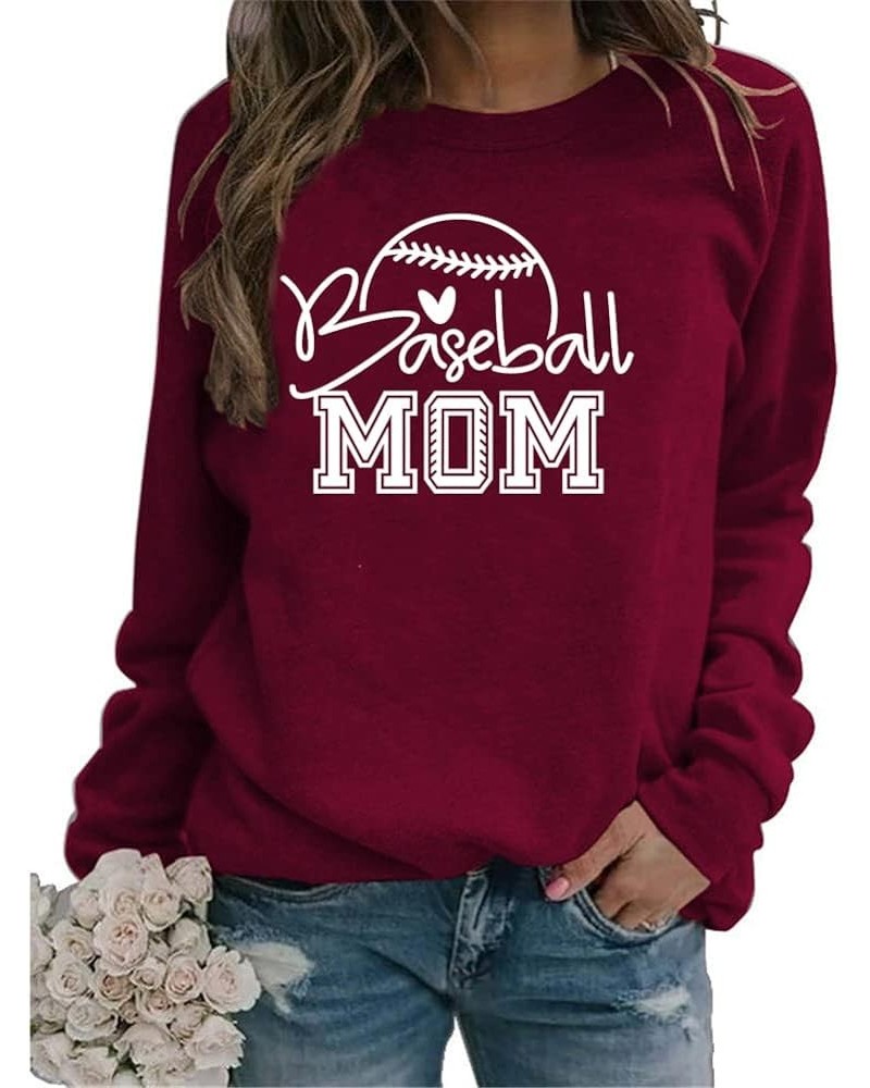 Baseball Mom Sweatshirt Womens Funny Mom Sports Gift Fashion Long Sleeve Baseball Fan Lightweight Pullovers Tops 01 Wine Red ...