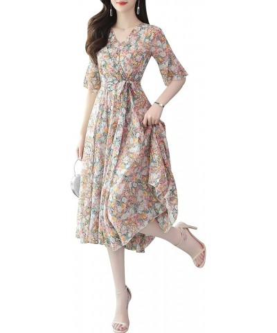 Women's Vintage Retro V Neck Floral Print Casual Elegant Midi Dress Orange&floral18757 $25.19 Dresses