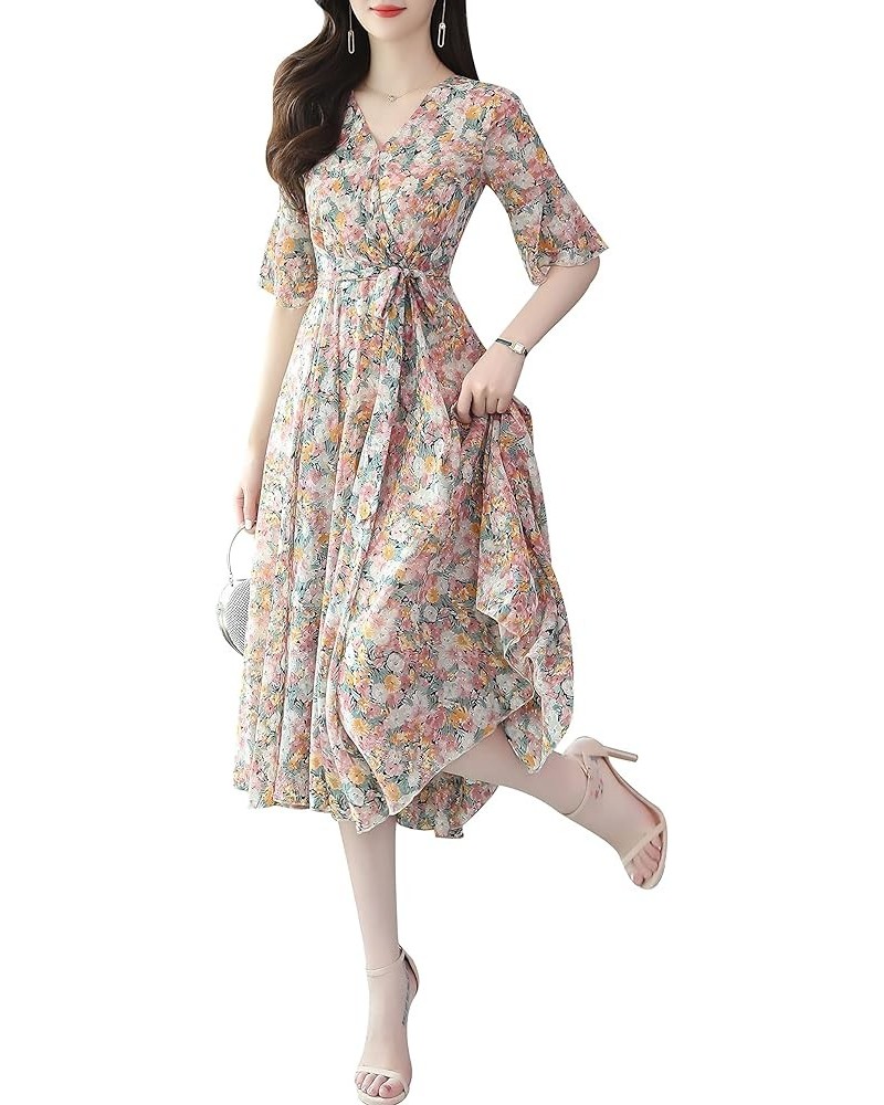 Women's Vintage Retro V Neck Floral Print Casual Elegant Midi Dress Orange&floral18757 $25.19 Dresses