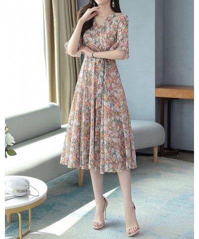 Women's Vintage Retro V Neck Floral Print Casual Elegant Midi Dress Orange&floral18757 $25.19 Dresses