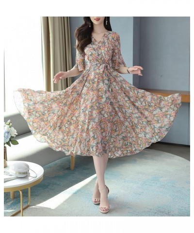 Women's Vintage Retro V Neck Floral Print Casual Elegant Midi Dress Orange&floral18757 $25.19 Dresses