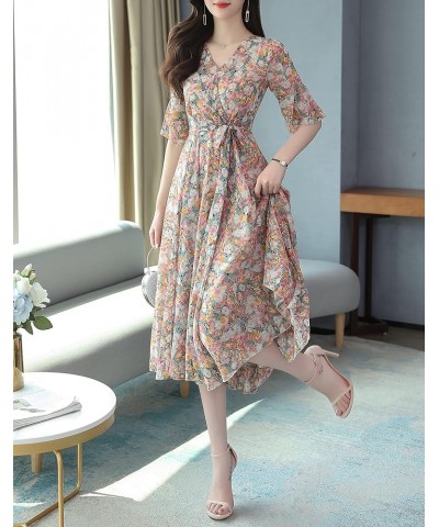 Women's Vintage Retro V Neck Floral Print Casual Elegant Midi Dress Orange&floral18757 $25.19 Dresses