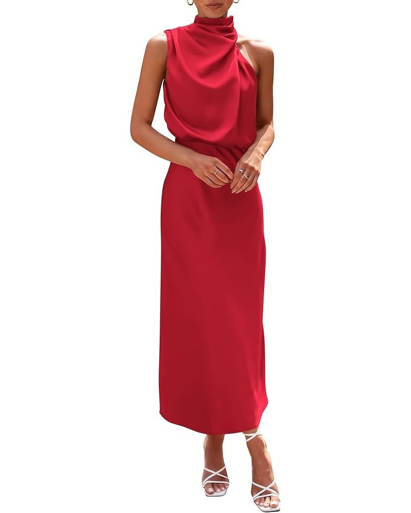 Women's 2024 Summer Satin Dress Elegant Sleeveless Mock Neck Cocktail Party Maxi Dresses Red $31.85 Dresses