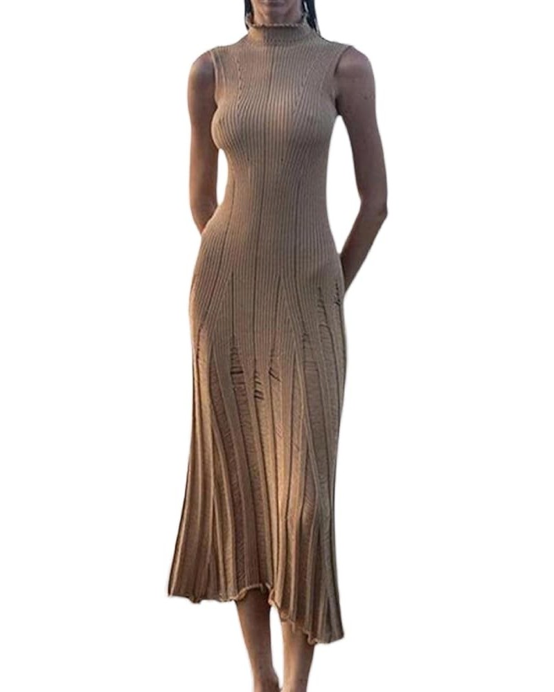 Women Cut Out Knitted Dress Sleeveless Ribbed Knit Sweater Long Dress Slim Fit Hollow Out Maxi Party Dress Da Khaki $15.57 Dr...