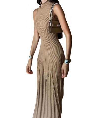 Women Cut Out Knitted Dress Sleeveless Ribbed Knit Sweater Long Dress Slim Fit Hollow Out Maxi Party Dress Da Khaki $15.57 Dr...