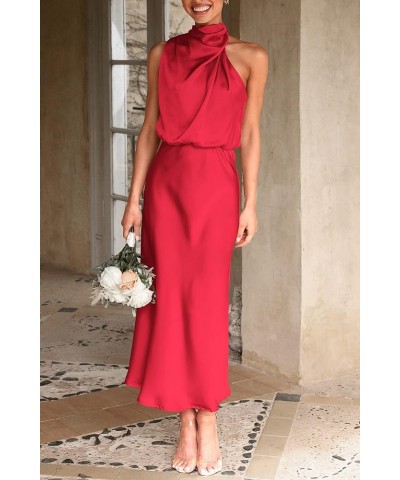 Women's 2024 Summer Satin Dress Elegant Sleeveless Mock Neck Cocktail Party Maxi Dresses Red $31.85 Dresses