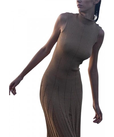 Women Cut Out Knitted Dress Sleeveless Ribbed Knit Sweater Long Dress Slim Fit Hollow Out Maxi Party Dress Da Khaki $15.57 Dr...