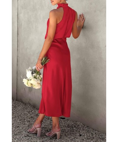 Women's 2024 Summer Satin Dress Elegant Sleeveless Mock Neck Cocktail Party Maxi Dresses Red $31.85 Dresses